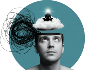 Man's open mind with tangled thoughts escaping revealing a meditating silhouette on a cloud above collage art Meditation Clarity Confusion Brain Concept