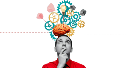 Man with orange brain and lightbulb above head surrounded by gears and geometric shapes contemplating ideas collage art thinking concept innovation inspiration