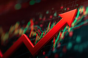 Red arrow soaring upwards over a complex financial chart, signifying growth