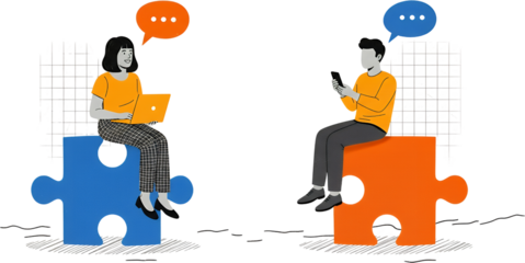 A woman with a laptop and a man with a phone sitting on puzzle pieces communicating with speech bubbles with a grid pattern behind them collage art communication