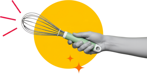 A Hand Holds A Metal Whisk With A Green And White Handle Against A Bright Yellow Circle And Transparent Background Collage Art Kitchen Utensil Baking Cooking
