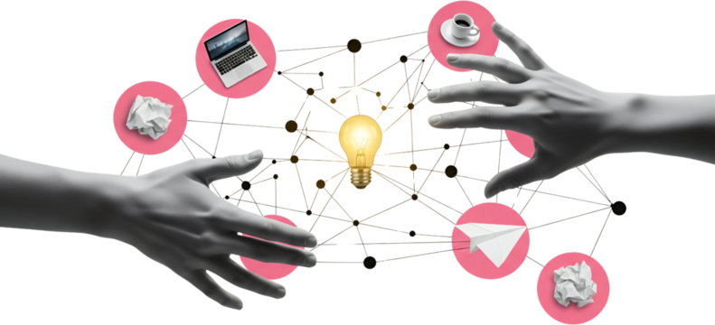 Hands reaching toward interconnected network nodes featuring a glowing lightbulb laptop coffee cup crumpled paper and paper airplane collage art idea innovation - Powered by Adobe