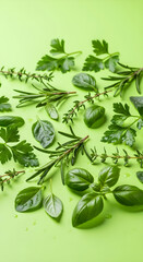 Fresh green herbs including basil, rosemary, parsley, and thyme arranged on a vibrant light green background.