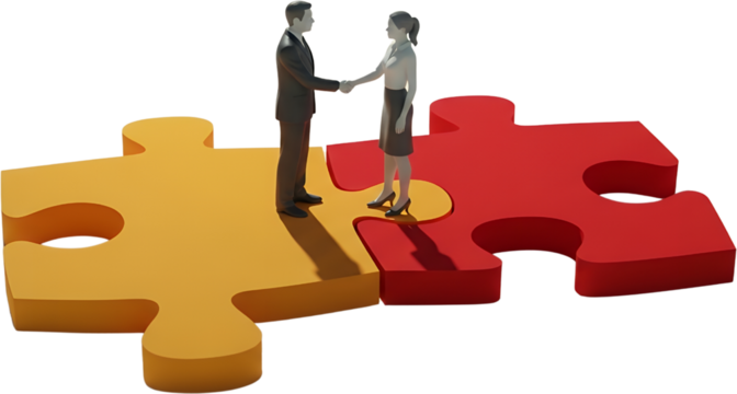 Two Business Professionals A Man And A Woman Shaking Hands Across Two Interlocking Puzzle Pieces One Yellow And One Red Against A Transparent Background Collage