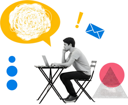 Young man sits at a table with a laptop a thought bubble above shows tangled lines representing confusion with abstract shapes and an email icon nearby