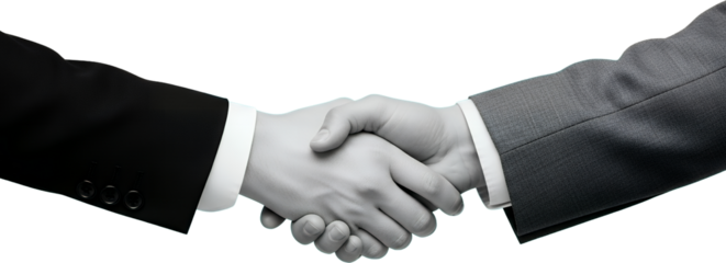 Two men in suits shaking hands symbolizing agreement partnership and professional collaboration transparent background collage handshake business meeting