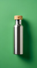 A sleek, modern stainless steel water bottle with a natural bamboo lid rests on a vibrant green background.