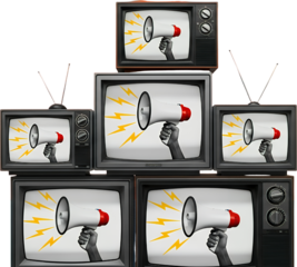 A collage of vintage televisions displaying a hand holding a white and red megaphone with yellow lightning bolts radiating outwards symbolizing broadcast and announcements