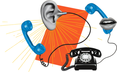 A gray human ear connected to a vintage rotary phone receiving signals from two blue vintage telephone handsets and a pair of lips collage art Communication