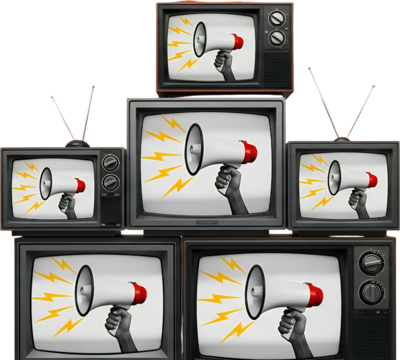 A collage of vintage televisions displaying a hand holding a white and red megaphone with yellow lightning bolts radiating outwards symbolizing broadcast and announcements