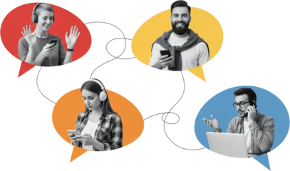 Diverse group of people engaged in communication via phones headphones and laptop connected by swirling lines within vibrant speech bubbles collage art