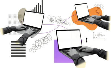 Three Individuals Hands Typing On Laptops Abstract Graphic Elements Data Visualization Charts And Scattered Lines On A Transparent Background Collage Computer