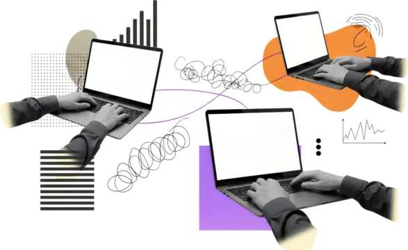 Three Individuals Hands Typing On Laptops Abstract Graphic Elements Data Visualization Charts And Scattered Lines On A Transparent Background Collage Computer