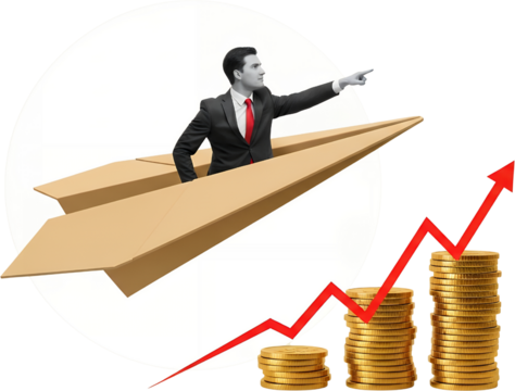Businessman in a suit flying on a paper airplane pointing forward next to stacks of coins and an upward trending graph collage art Money Gold Wealth Finance