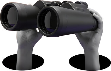 Two pale hands hold a large black pair of binoculars bringing them closer for clearer viewing with a dark background collage art holding looking observation