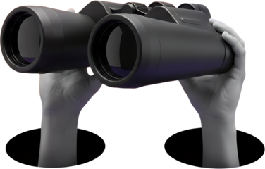 Two pale hands hold a large black pair of binoculars bringing them closer for clearer viewing with a dark background collage art holding looking observation