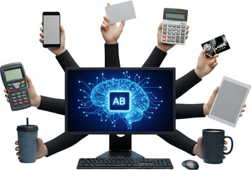 Computer displaying AI brain multiple hands holding smartphone credit card calculator tablet POS terminal coffee cups keyboard and mouse collage Artificial Intelligence
