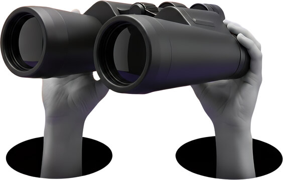 Two pale hands hold a large black pair of binoculars bringing them closer for clearer viewing with a dark background collage art holding looking observation