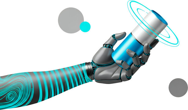 A metallic robotic hand holds a glowing blue cylindrical object with swirling light trails and abstract circles in the background collage art technology - Powered by Adobe