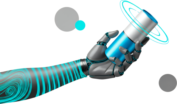 A metallic robotic hand holds a glowing blue cylindrical object with swirling light trails and abstract circles in the background collage art technology