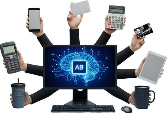 Computer displaying AI brain multiple hands holding smartphone credit card calculator tablet POS terminal coffee cups keyboard and mouse collage Artificial Intelligence