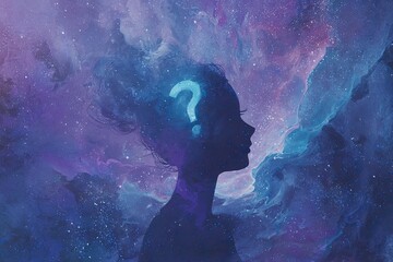 Silhouette of a woman's head with a luminous question mark in a cosmic nebula