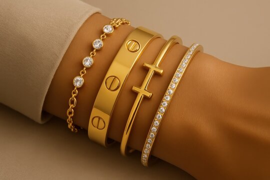 Elegant Stack of Gold Bracelets with Diamonds Adorning a Woman's Wrist