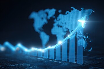 An upward-trending arrow visualizes global growth behind a world map in blue tones