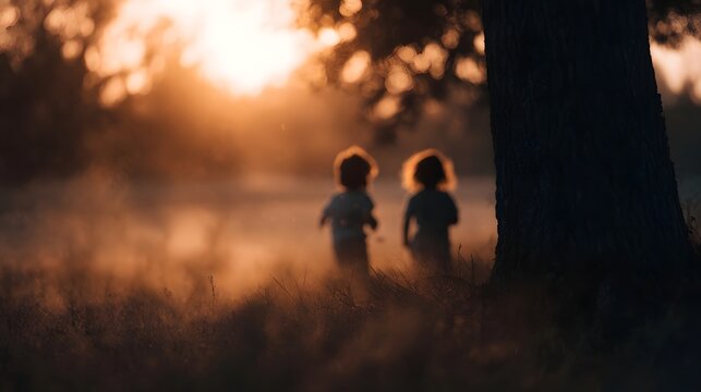 Two children silhouetted in a field during a warm hazy golden hour sunset