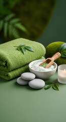 Serene spa setting with green towels, bath salts, and smooth stones for relaxation