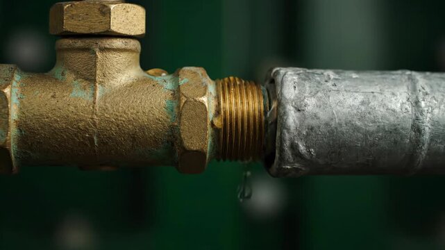 Close-up of an Industrial Metal Valve with Pipe and Oil Drops