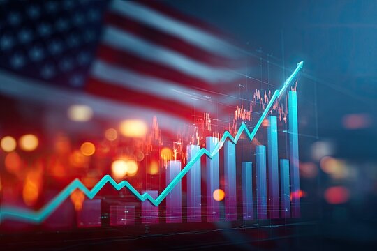 Chart depicting financial growth in front of a blurred American flag