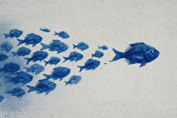 Group of indigo fish swims across a white wall, led by a larger, dominant one
