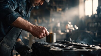 A mechanic inspects a metal component with smoke rising from an engine block in a dimly lit workshop
