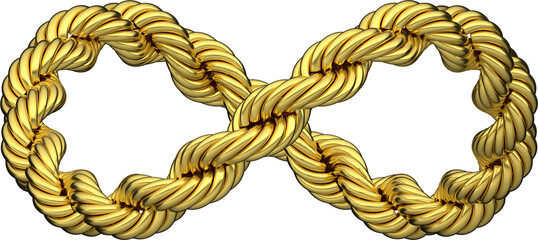 Gold Infinity Sign of French Rope Chain. Luxury Jewelry, Necklace or Bracelet. Symbol of Eternal Wealth, Success and Elegance. 3D isolated illustration