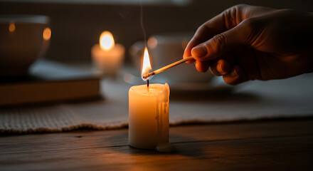Hand holding lit matchstick over candle with cups and book in soft focus background on table