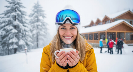 young woman in a yellow jacket holding a warm drink outside a snowy mountain lodge with ski resort guests and snow-covered trees in the background