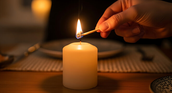 A hand lighting a white pillar candle with a lit match on a wooden table in a dark room setting - Powered by Adobe