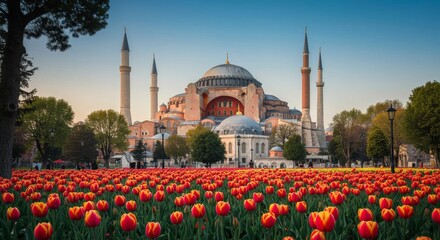Hagia Sophia with blooming tulips in spring, Istanbul