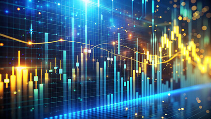 Financial Visualization: Abstract Stock Market Chart with Glowing Lines and Bars Against Deep Blue Grid Backdrop. Illustrative Data Analytics for Business Growth, Investment Strategies