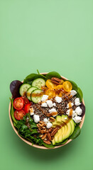 Fresh salad bowl with assorted vegetables, fruits, and nuts on a green background from a top-down view