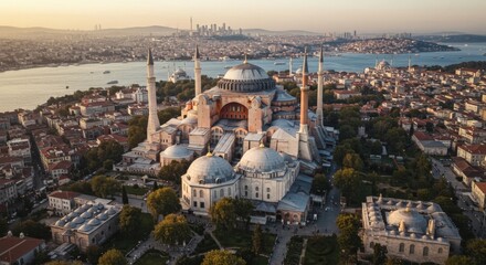 Aerial drone view of Hagia Sophia and Bosphorus, Istanbul