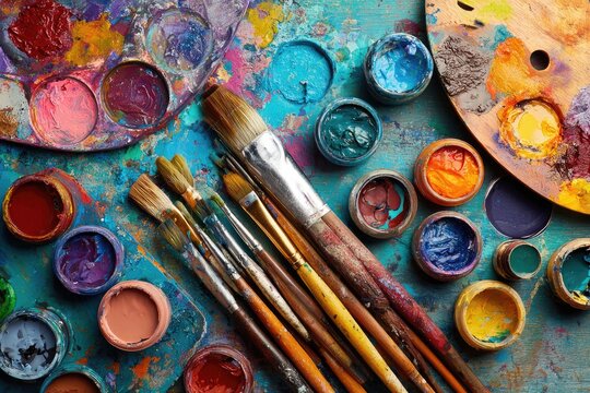 A vibrant assortment of artist's tools brushes, paint pots, and palettes on a textured surface - Powered by Adobe