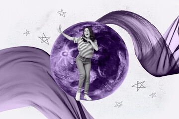 Banner 3d poster art collage of happy girl guy stand space galaxy moon planet cosmos discovery...