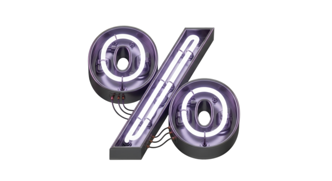 Illuminated neon percentage sign on black background