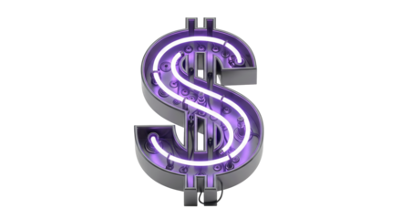 Illuminated dollar sign with purple neon on black background