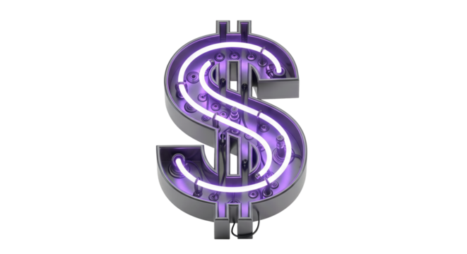 Illuminated dollar sign with purple neon on black background