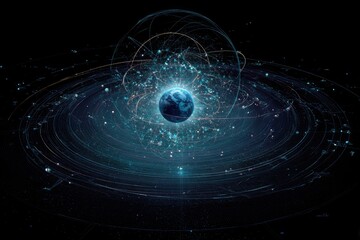 Earth surrounded by a network of glowing lines and spheres, representing data flow and connections