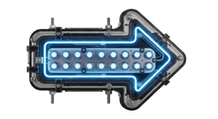 Illuminated arrow sign with metallic frame and blue neon light