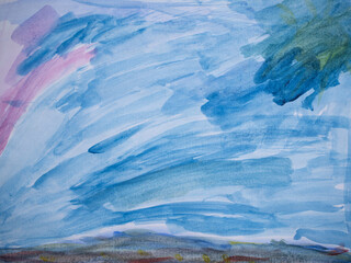 Abstract watercolor illustration featuring soft blue and green brush strokes blending seamlessly, creating a serene sky atmosphere with hints of pink and earthy tones below